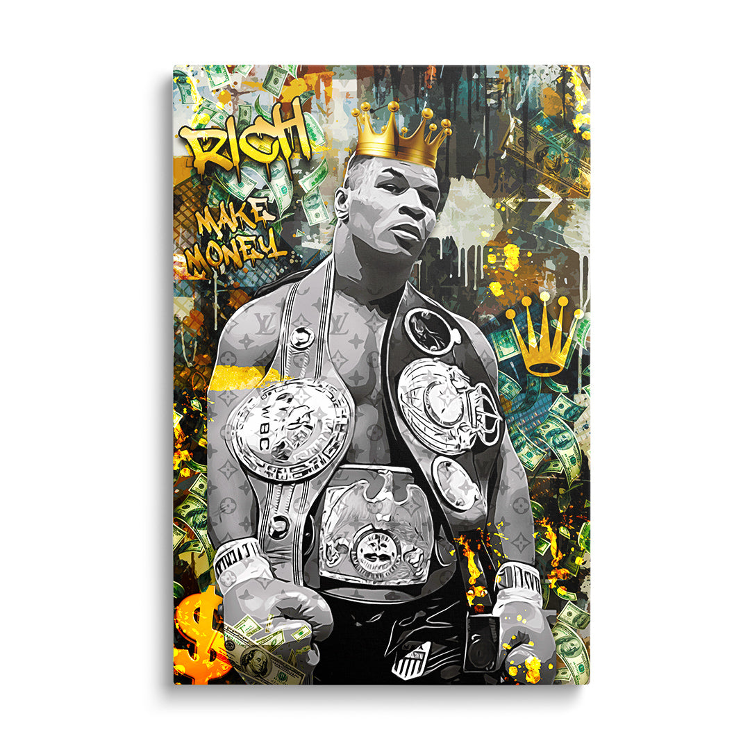 Motivační pop art obraz na plátně s boxerským šampionem, korunou a létajícími dolarovými bankovkami