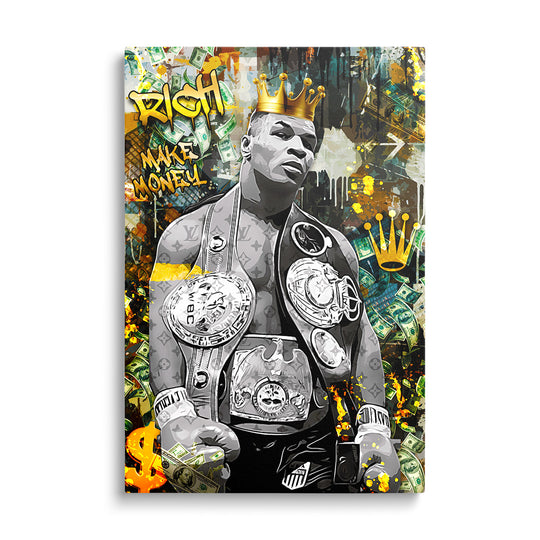 Motivační pop art obraz na plátně s boxerským šampionem, korunou a létajícími dolarovými bankovkami
