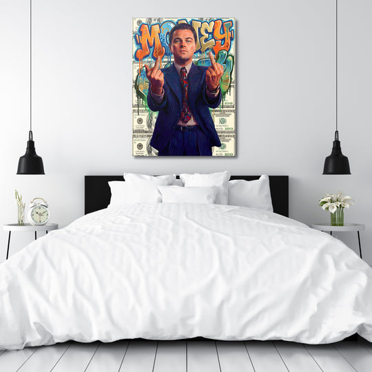 Motivační obraz MONEY s Vlkem z Wall Street a dolarovým pozadím nad postelí