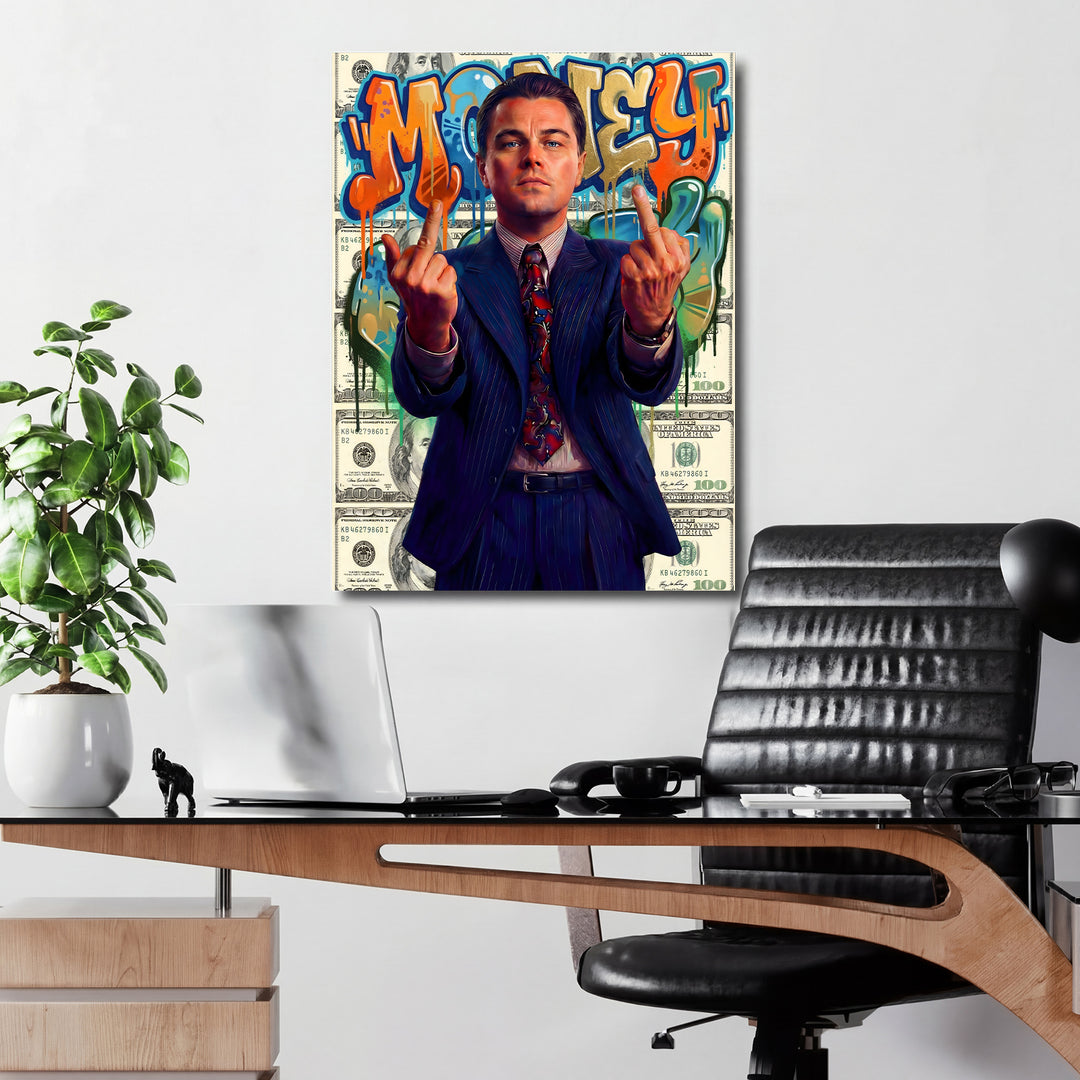 Motivační obraz MONEY s Leonardem DiCapriem a dolary v moderní kanceláři