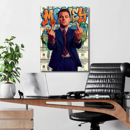 Motivační obraz MONEY s Leonardem DiCapriem a dolary v moderní kanceláři