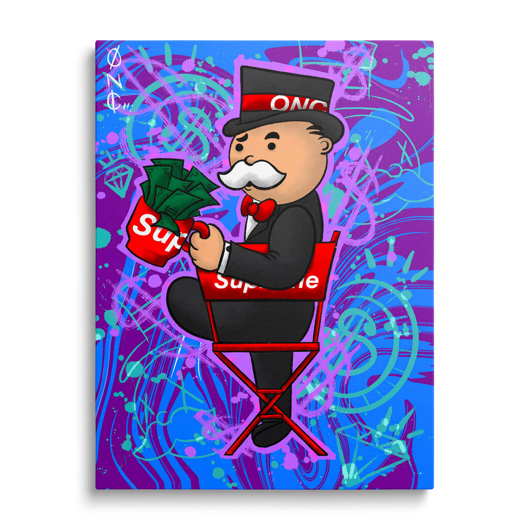 Motivační obraz na plátně s postavou Monopoly v graffiti pop art stylu a motivem luxusních bankovek