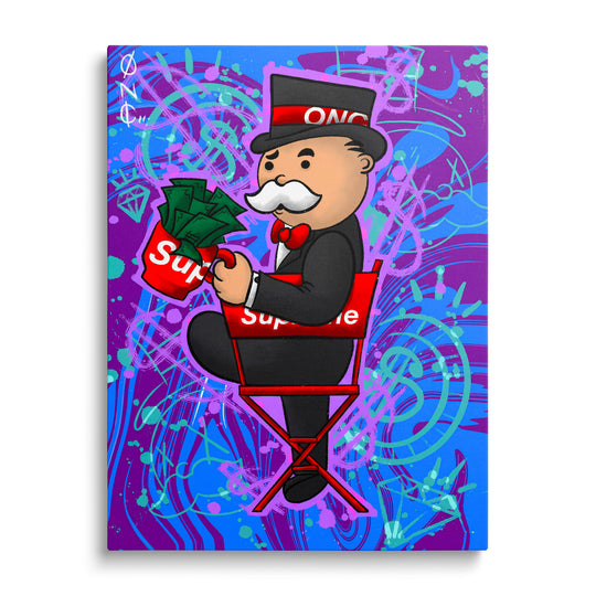 Motivační obraz na plátně s postavou Monopoly v graffiti pop art stylu a motivem luxusních bankovek