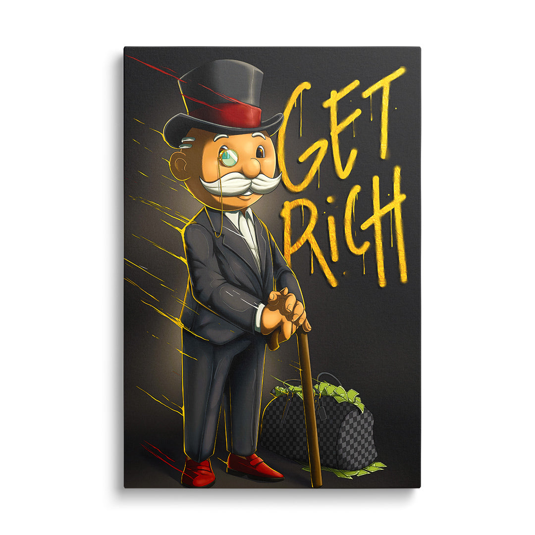 Motivační obraz na plátně boháče v cylindru s taškou plnou peněz a graffiti nápisem GET RICH v pop art stylu