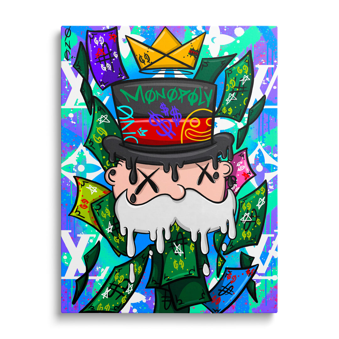 Pop art motivační obraz na plátně s postavou Monopoly, graffiti bankovkami a monogramem Louis Vuitton z čelního pohledu
