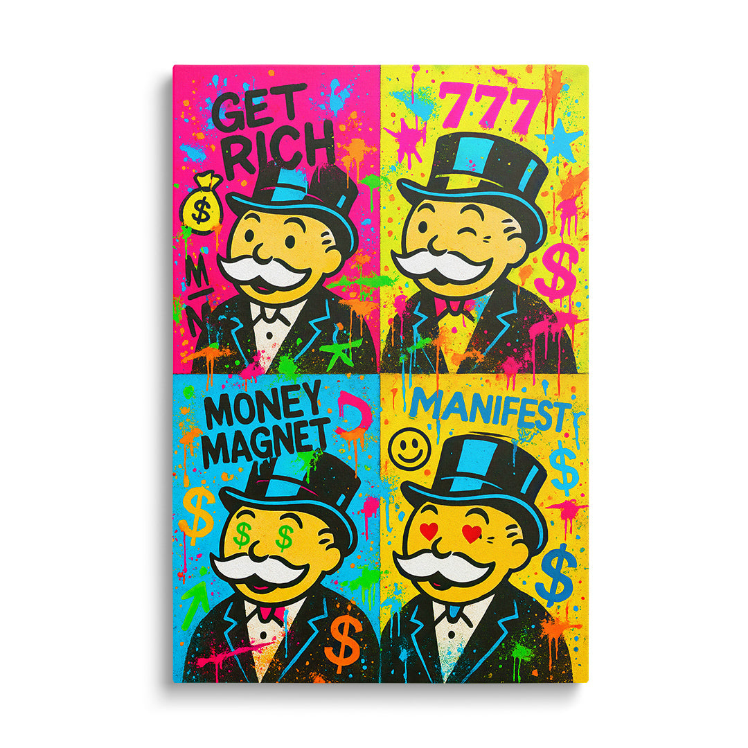 Pop art obraz na plátně s boháčem ve čtyřech barevných panelech a motivem peněz jako moderní obraz na zeď
