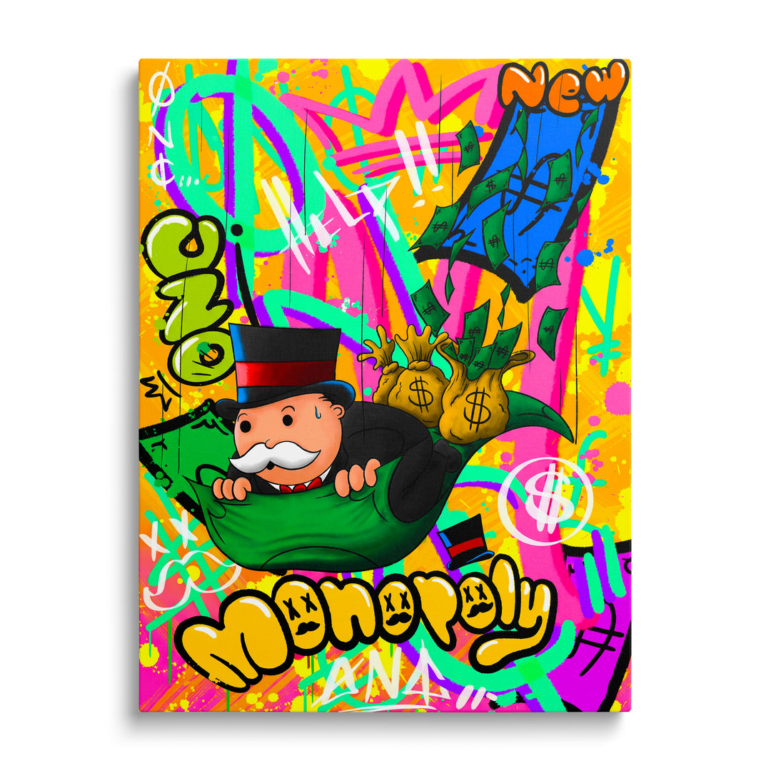 Motivační pop art obraz na plátně s postavou Monopoly v peněžním vaku na barevném graffiti pozadí, čelní pohled