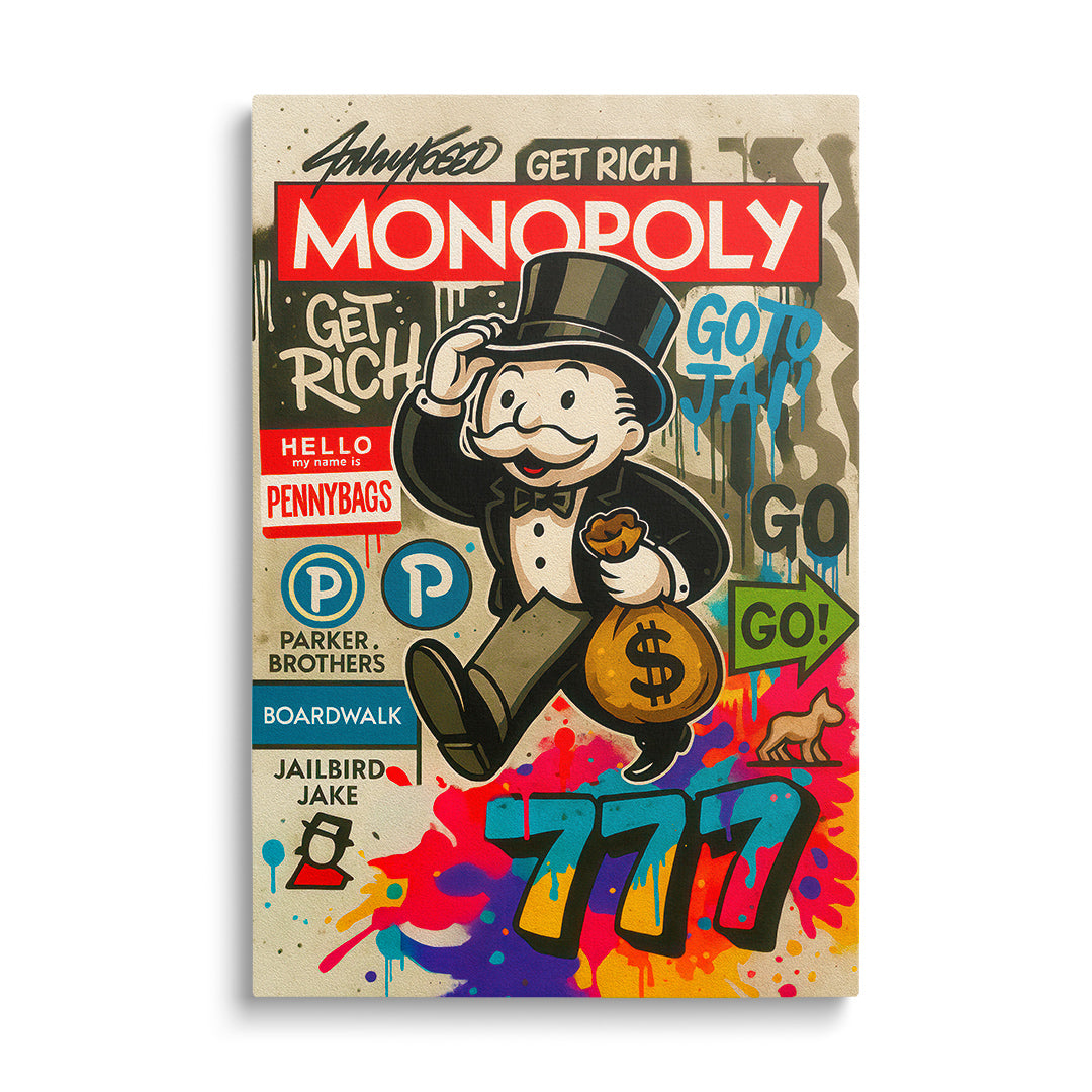 Pop art motivační obraz s pánem Monopoly nesoucím pytel peněz a barevnými graffiti motivy