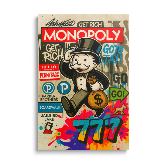 Pop art motivační obraz s pánem Monopoly nesoucím pytel peněz a barevnými graffiti motivy