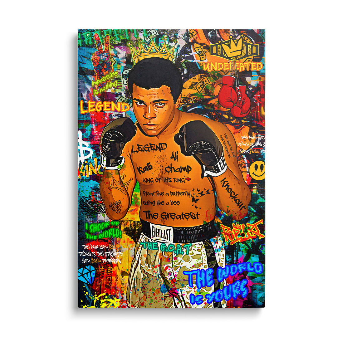 Motivační obraz na plátně v pop art stylu s portrétem boxera, graffiti pozadím, korunou a motivem peněz