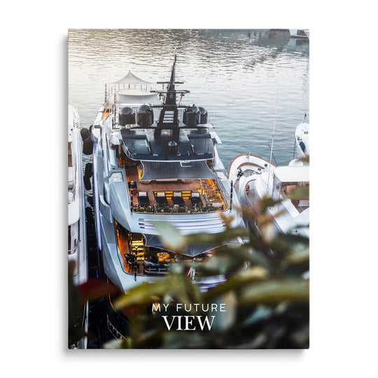 Motivační obraz na plátně s luxusní jachtou u mola a nápisem My Future View, moderní dekorace kanceláře