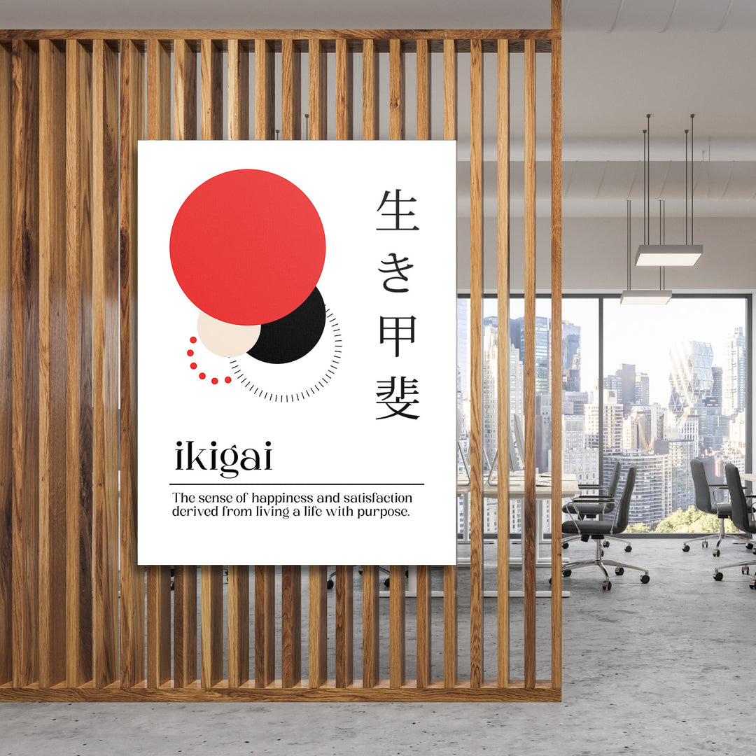 Motivační obraz na plátně s japonským citátem ikigai a minimalistickými kruhy v moderní kanceláři