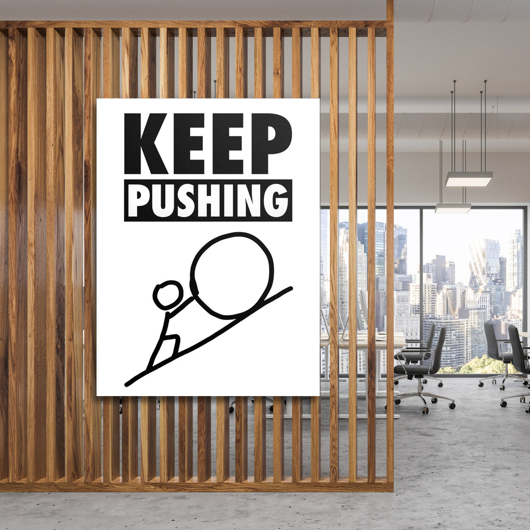 Motivační obraz na plátně KEEP PUSHING s postavou tlačící balvan, inspirativní dekorace do moderní kanceláře