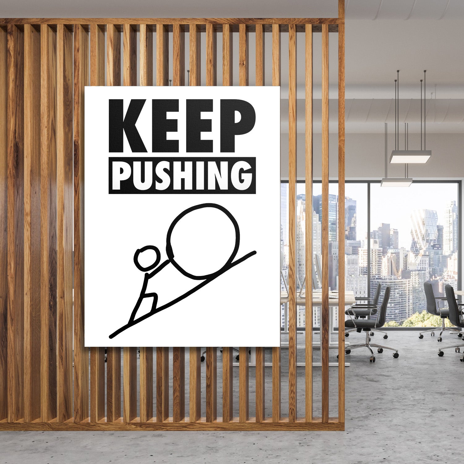 Motivační obraz na plátně KEEP PUSHING s postavou tlačící balvan, inspirativní dekorace do moderní kanceláře