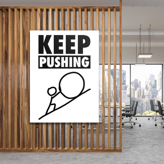 Motivační obraz na plátně KEEP PUSHING s postavou tlačící balvan, inspirativní dekorace do moderní kanceláře