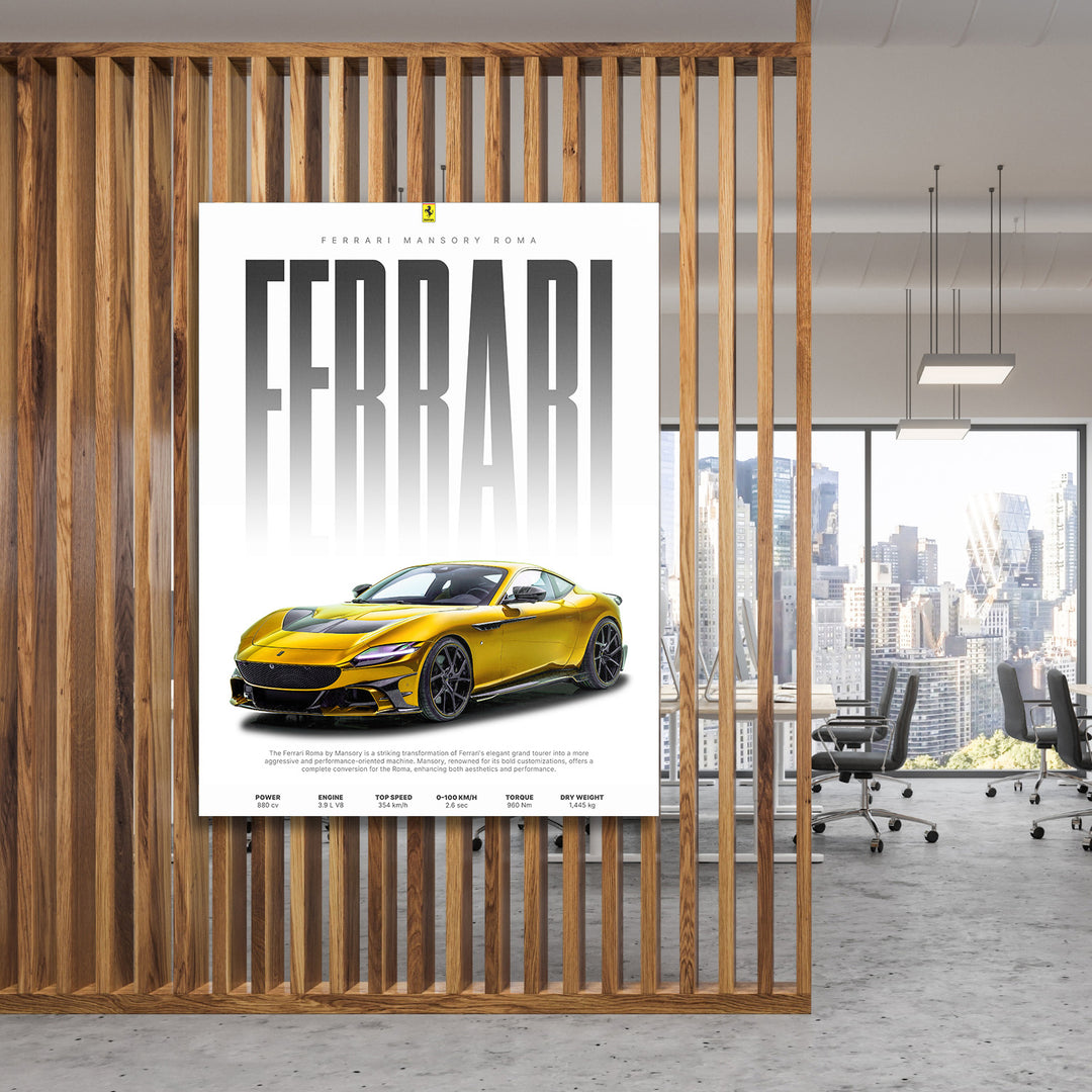 Motivační obraz na plátně se žlutou Ferrari Mansory v moderní kanceláři s výhledem na město, luxury lifestyle