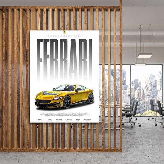 Motivační obraz na plátně se žlutou Ferrari Mansory v moderní kanceláři s výhledem na město, luxury lifestyle