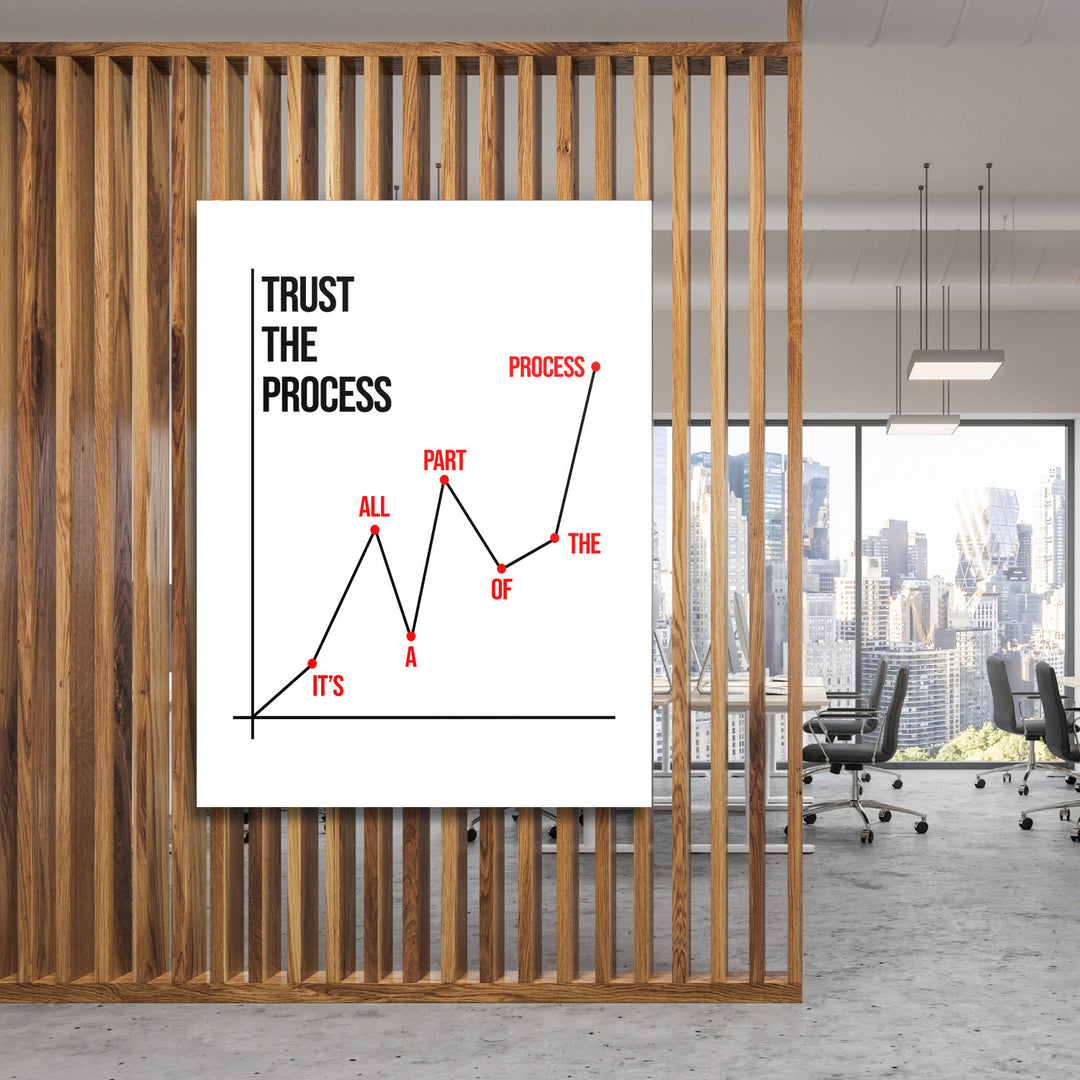 Motivační obraz na plátně do kanceláře, minimalistický graf růstu s červenými body a citátem „Trust the process“