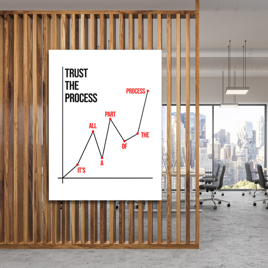 Motivační obraz na plátně do kanceláře, minimalistický graf růstu s červenými body a citátem „Trust the process“