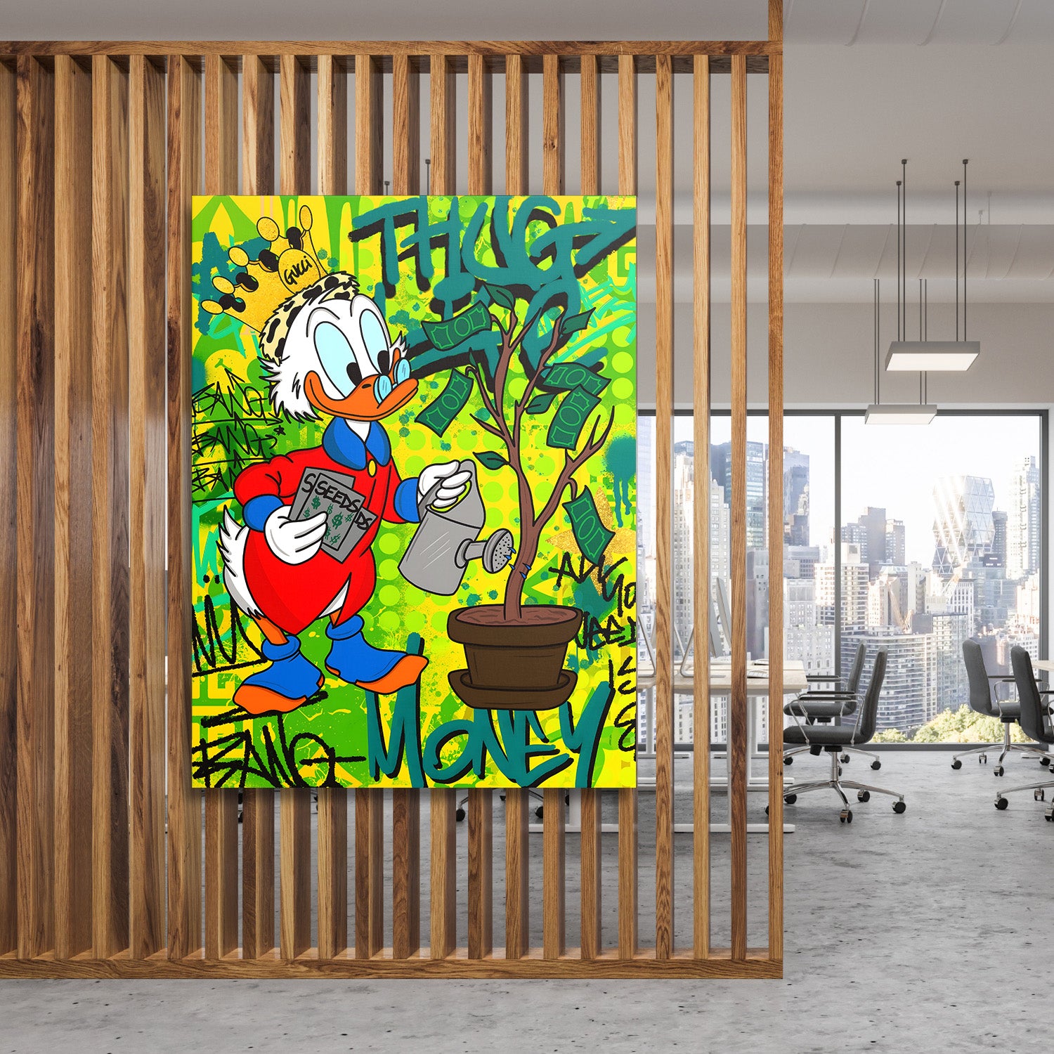 Pop art obraz kačera, který zalévá peníze na stromě v zeleném street art stylu v moderní kanceláři