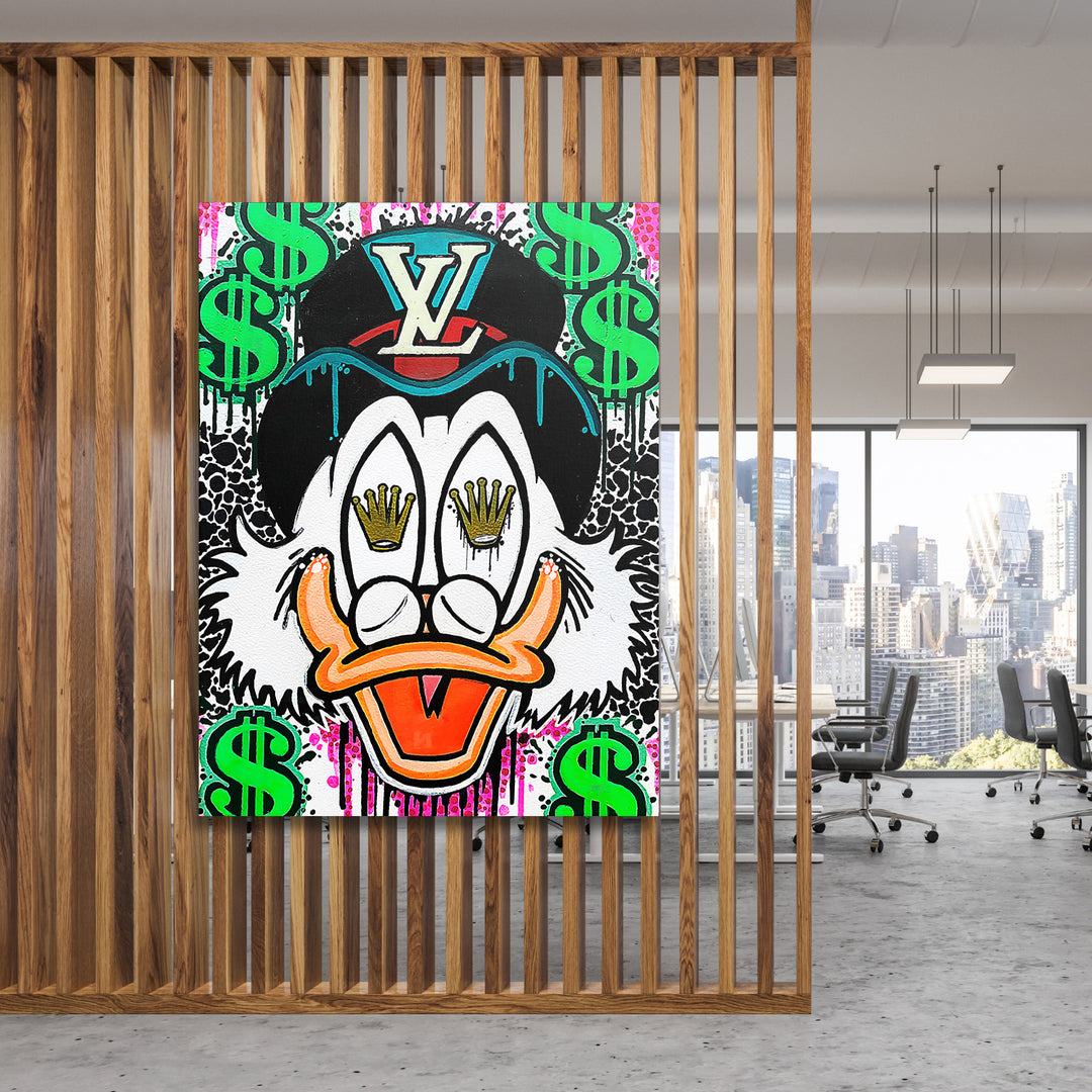 Pop art obraz kačera s LV kloboukem a zelenými dolarovými symboly, motivační obraz do moderní kanceláře