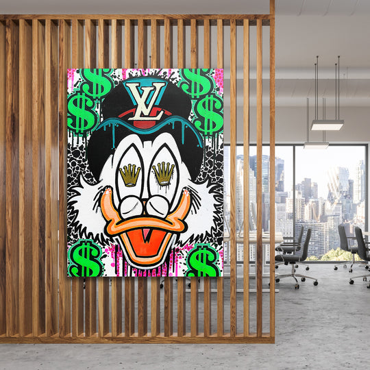 Pop art obraz kačera s LV kloboukem a zelenými dolarovými symboly, motivační obraz do moderní kanceláře