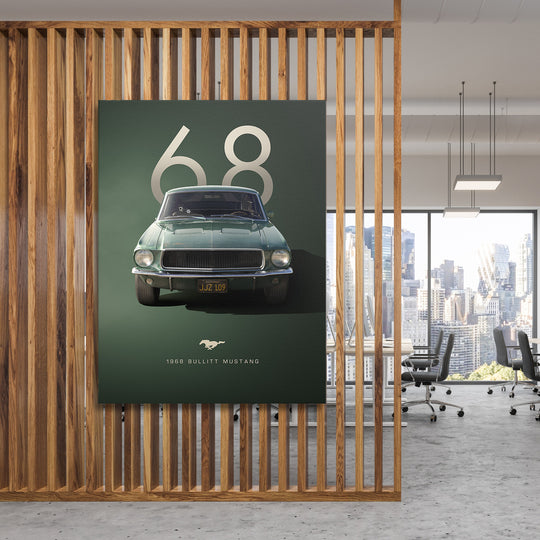 Motivační obraz na plátně s retro Ford Mustangem 1968 v moderní kanceláři, automotive design, industriální interiér