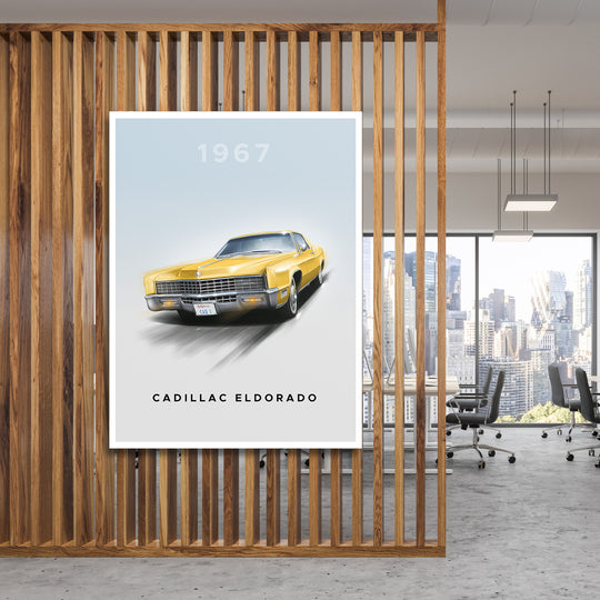 Motivační obraz na plátně: žlutý Cadillac Eldorado 1967 zavěšený za dřevěnými lamelami v kanceláři