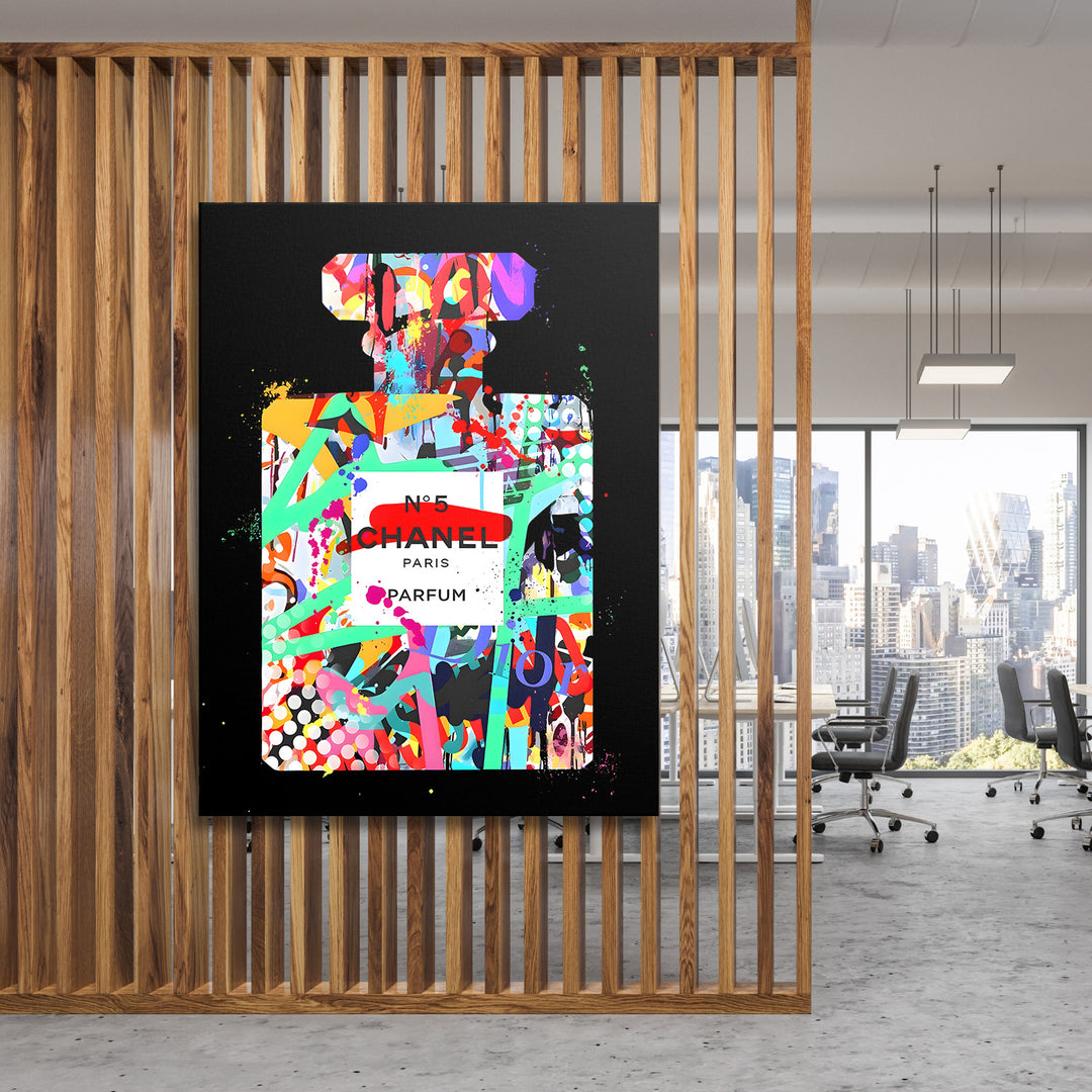 Pop art obraz parfémové lahve na plátně, motivační dekorace do moderní kanceláře