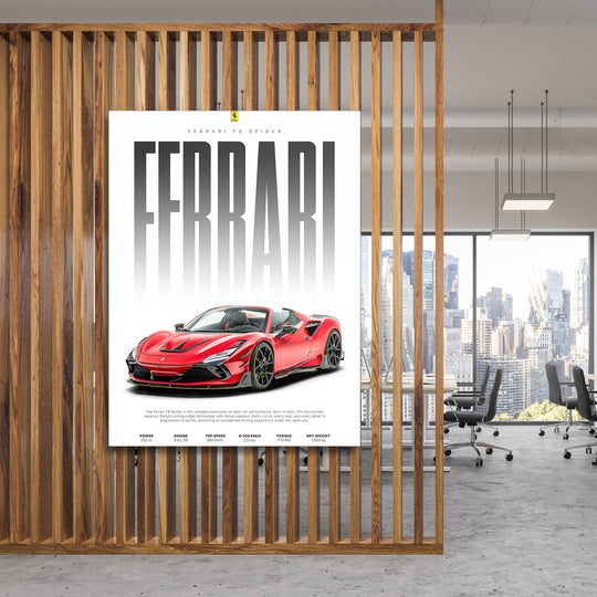 Motivační obraz na zeď s rudým Ferrari F8 Spider v moderní kanceláři jako symbol výkonu a úspěchu