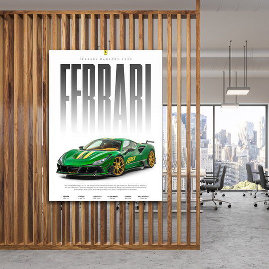 Motivační obraz na plátně se zeleným supersportem Ferrari pověšený na dřevěné příčce v moderní kanceláři