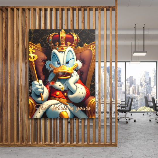Motivační pop art obraz Kačera Donalda v královské koruně s dolarovým žezlem do moderní kanceláře