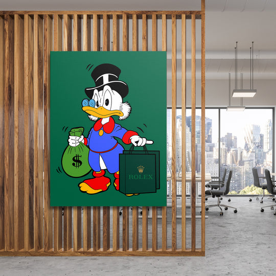 Motivační pop art obraz na plátně s kachnou, motivem peněz a taškou Rolex v moderní kanceláři