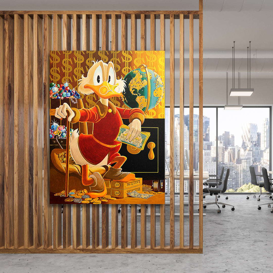 Motivační pop art obraz na zeď s Kačerem Skrblíkem obklopeným zlatem, mincemi a dolarovými bankovkami