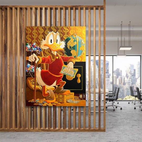 Motivační pop art obraz na zeď s Kačerem Skrblíkem obklopeným zlatem, mincemi a dolarovými bankovkami