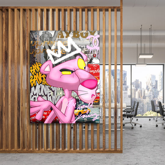 Motivační pop art obraz na plátně s Pink Pantherem, graffiti a motivem peněz v moderní kanceláři