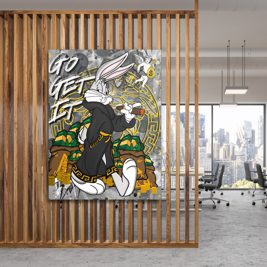 Pop art obraz na plátně do kanceláře s králíkem, doutníkem, pytli peněz a cherubínem jako business motivace