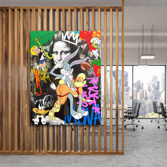 Pop art obraz na plátně v kanceláři s Monou Lisou a graffiti kreslenými postavami