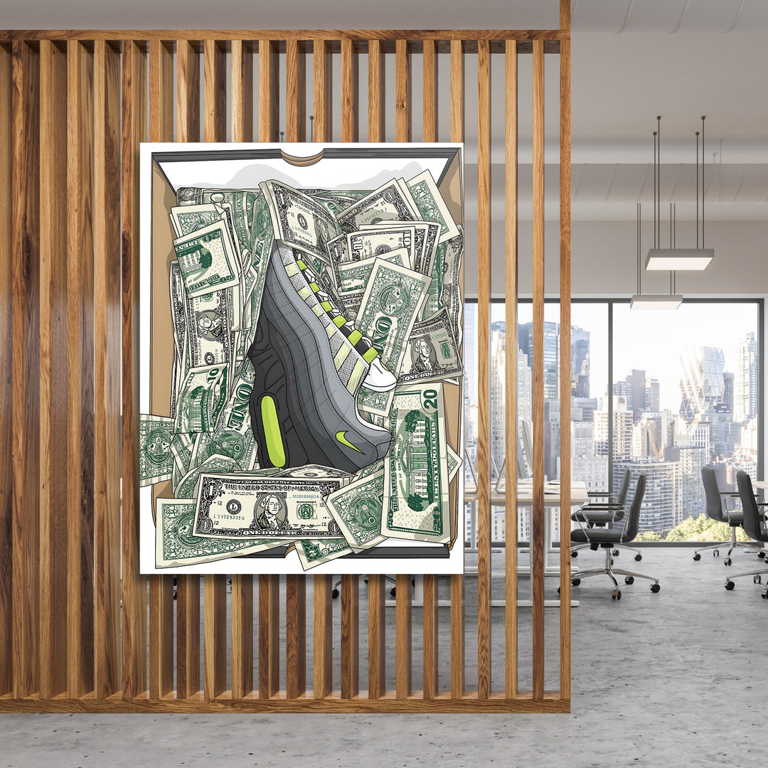 Motivační pop art obraz Nike tenisky s dolarovými bankovkami v moderní kanceláři