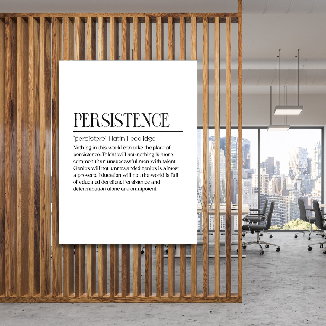Motivační obraz na plátně Persistence, černobílý citát v moderní kanceláři za dřevěnými lamelami