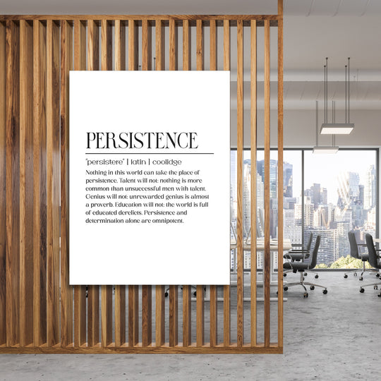 Motivační obraz na plátně Persistence, černobílý citát v moderní kanceláři za dřevěnými lamelami