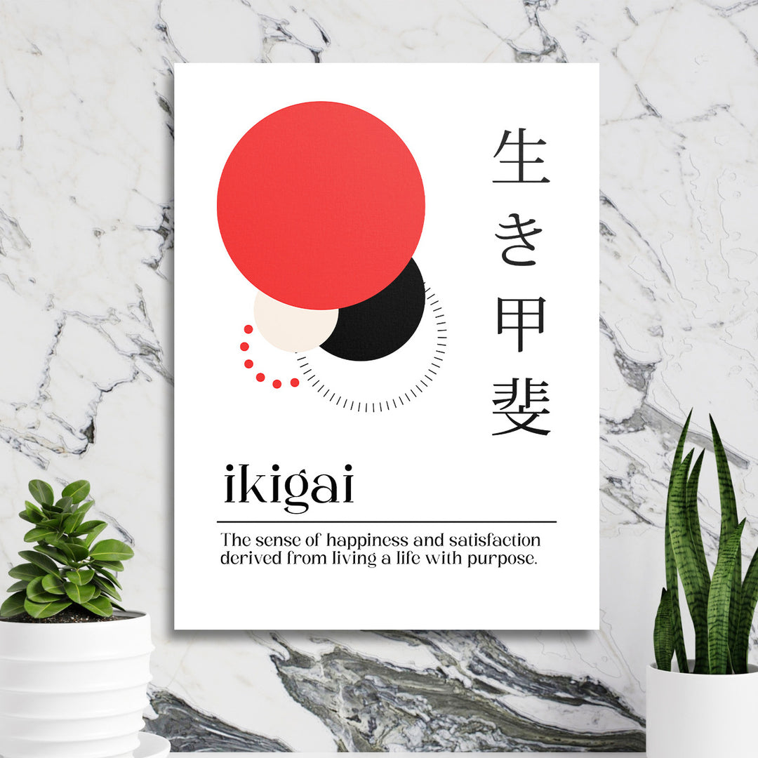 Motivační obraz na plátně s červeno‑černými kruhy a japonským citátem ikigai v moderní pracovně