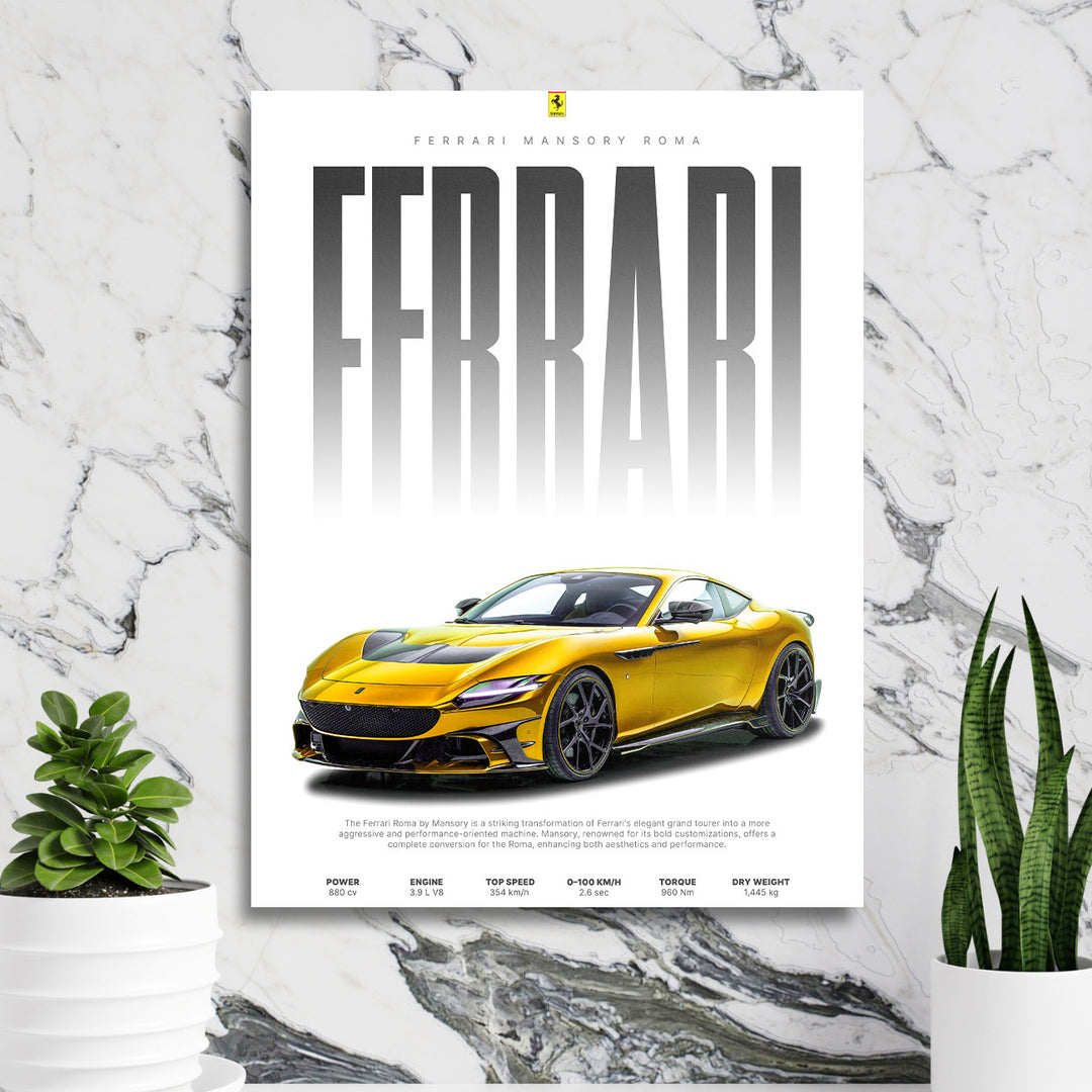Motivační obraz na zeď se zlatým Ferrari Mansory Roma před mramorovou zdí, luxusní automotive dekor