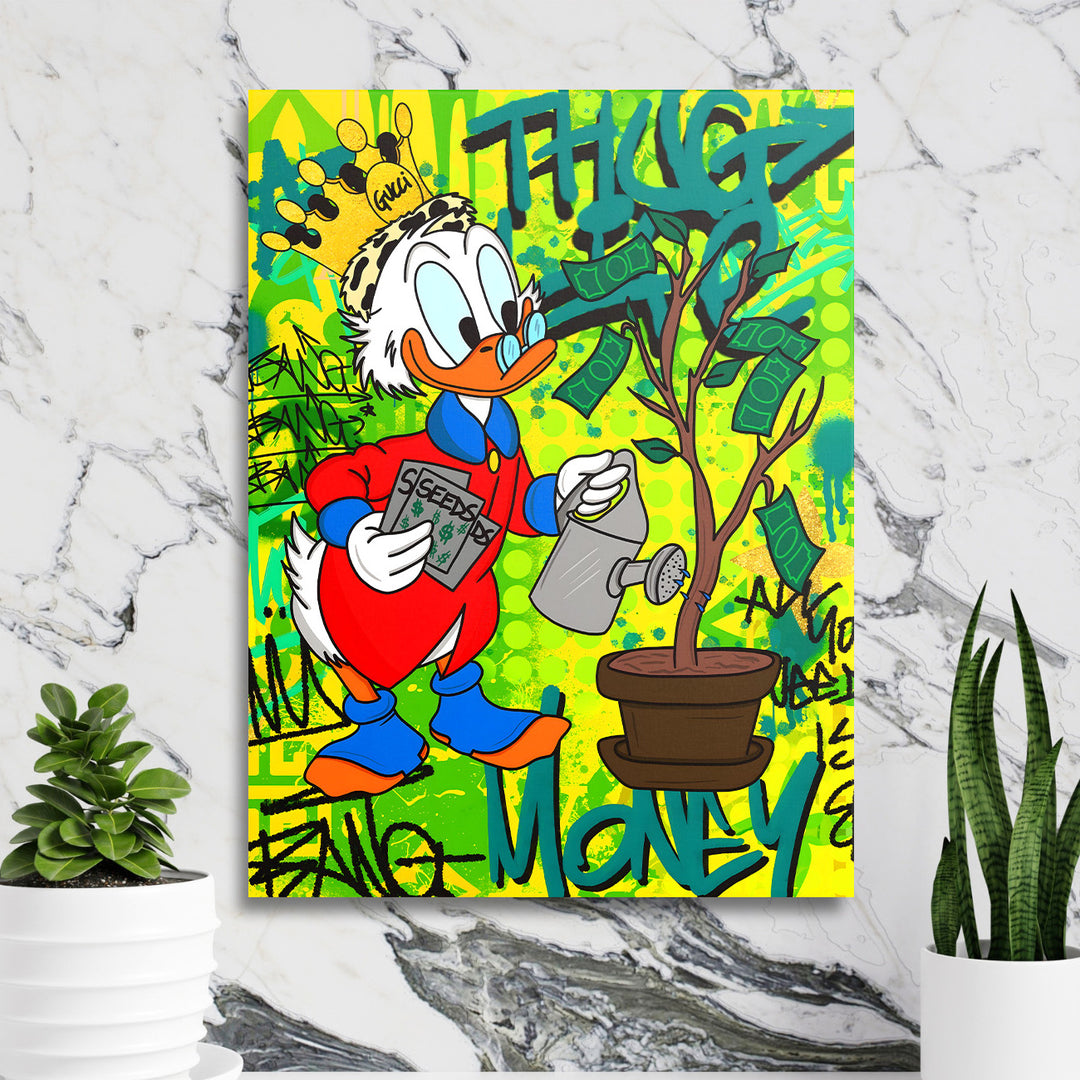 Motivační pop art obraz na plátně Kačer zalévající peněžní strom v moderní kanceláři