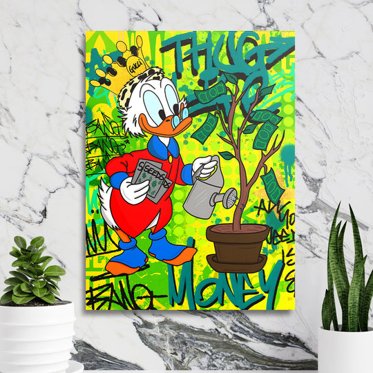 Motivační pop art obraz na plátně Kačer zalévající peněžní strom v moderní kanceláři