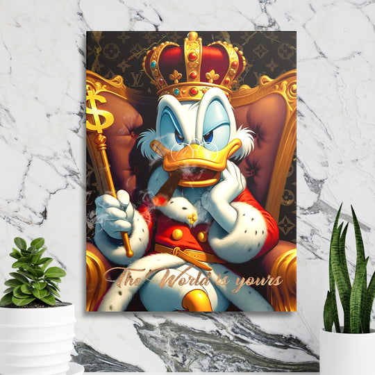 Pop art obraz na zeď Scrooge McDuck s korunou, doutníkem a citátem „The world is yours“