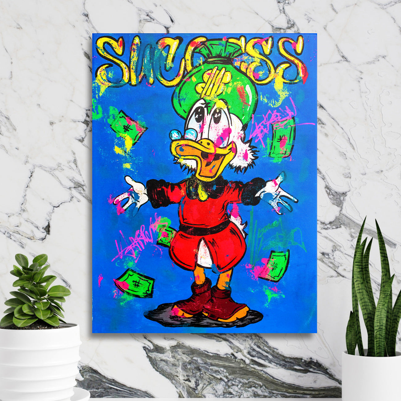 Pop art obraz na plátně s barevným kačerem a létajícími bankovkami jako moderní obraz na zeď