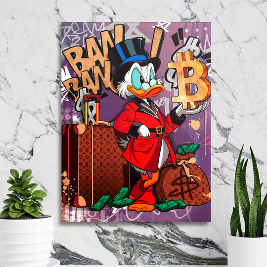 Pop art obraz na plátně v kanceláři s kačerem držícím bitcoin a luxusním kufrem jako motivační obraz