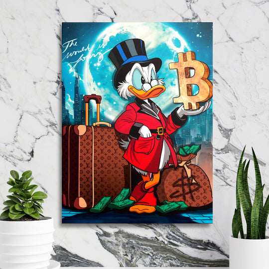 Motivační obraz na zeď s pop-art kachnou, zlatým logem Bitcoinu, luxusními kufry a rozházenými bankovkami
