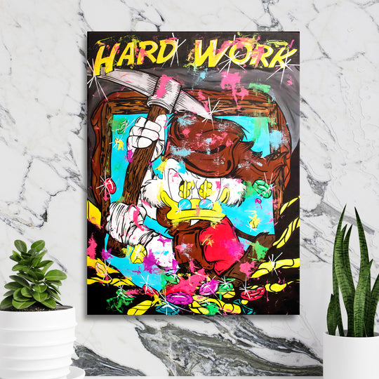 Motivační pop art obraz na plátně s kačerem s krumpáčem a zlatými mincemi na mramorové zdi
